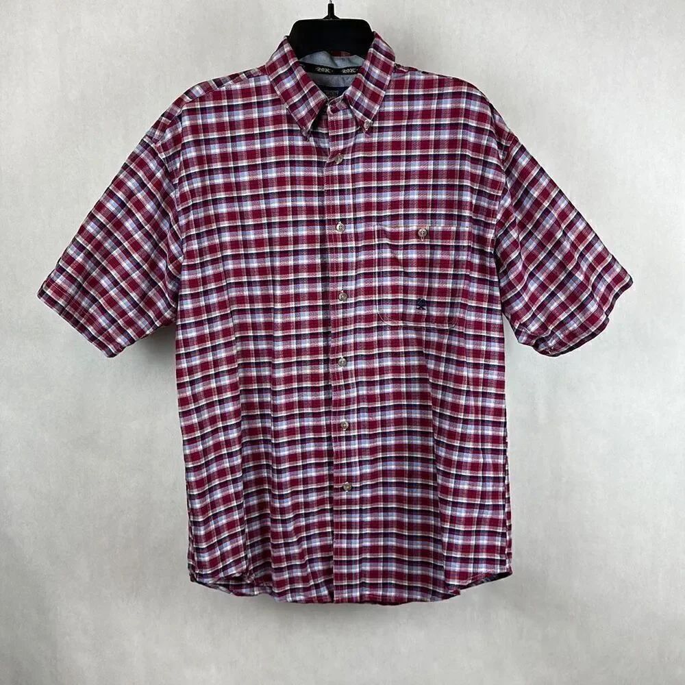 Wrangler 20X Button Front Shirt Mens Sz M Short Sleeve Plaid Red Blue White USA
